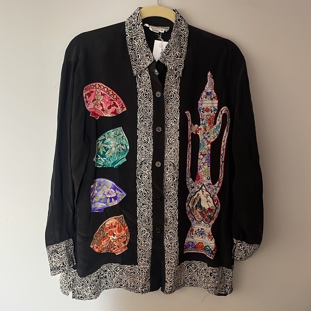 Vintage Diane Von Furstenberg Oversized Silk Asian Print Blouse